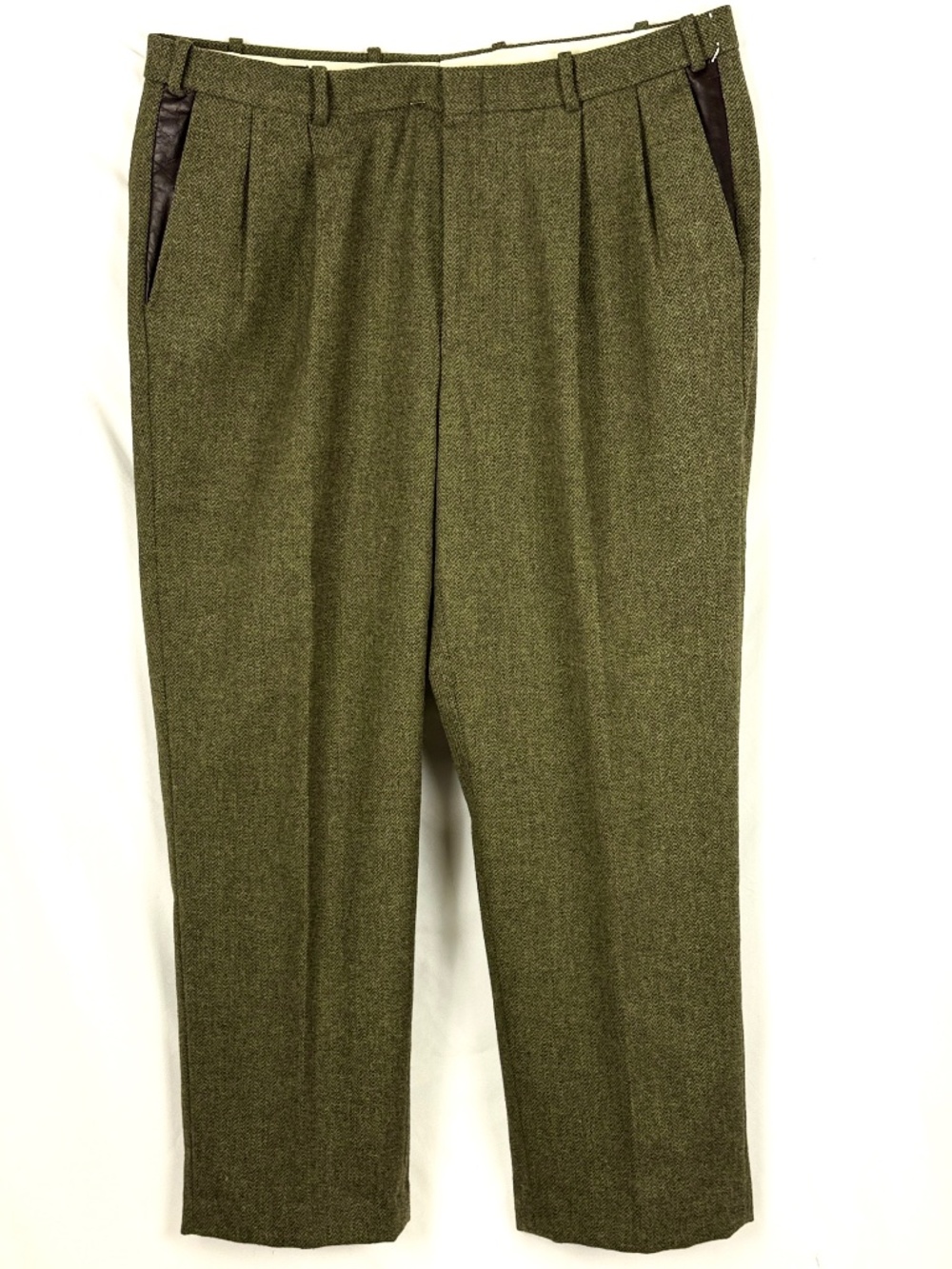 NWOT Orvis Mens 100% Wool Pants 40X30 Green Tweed Pleated Front Leather Trim USA